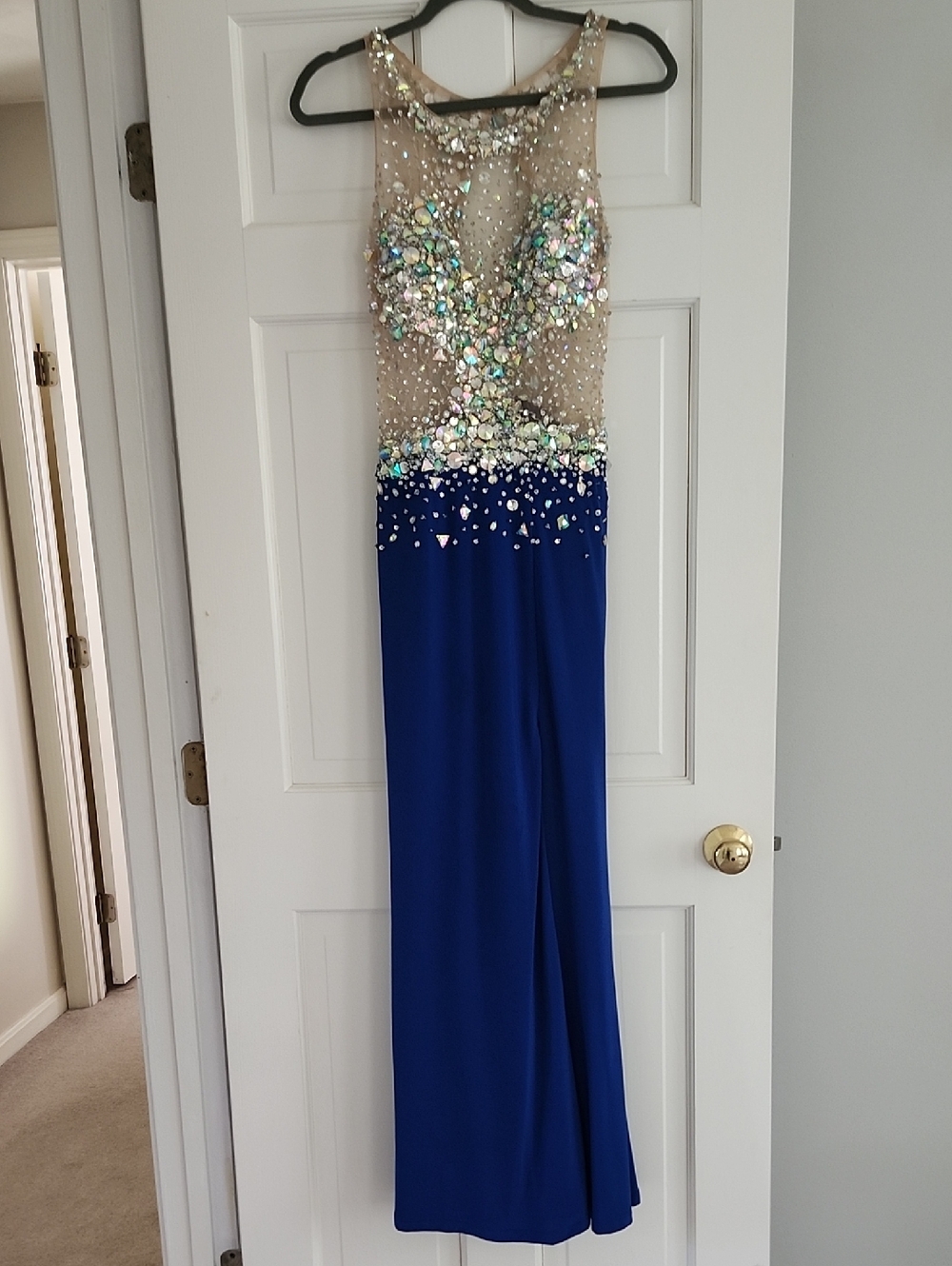 Embellished Royal Blue Evening Gown with Nude Illusion Bodice